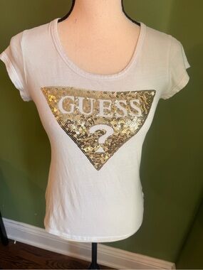 Guess White Tee with Gold Sequin Triangle Logo